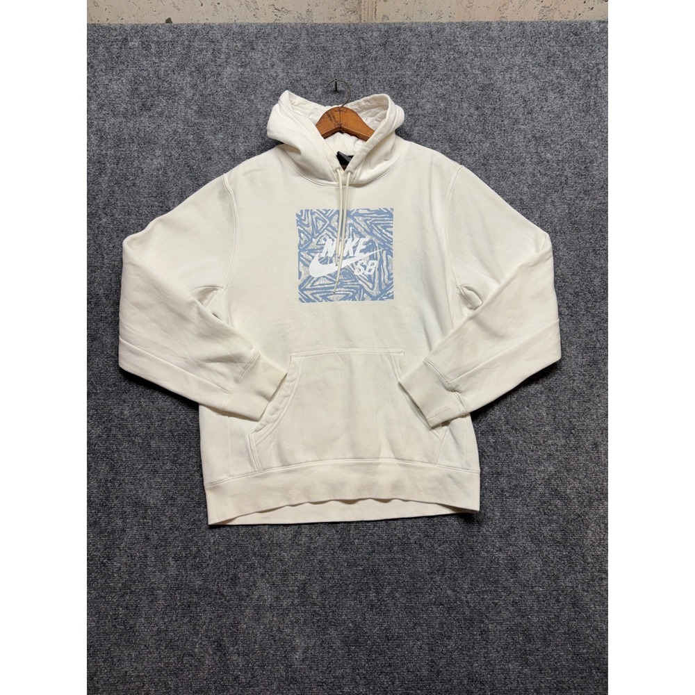 Nike SB Mens Graphic Pullover Hoodie Cream Blue Logo Sweatshirt 0955